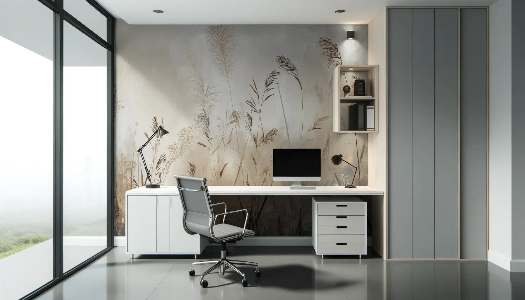 Fototapeta TRANQUIL ECHOES - tapeta z mglistymi trawami w sepii pokazana w aranżacji biura.