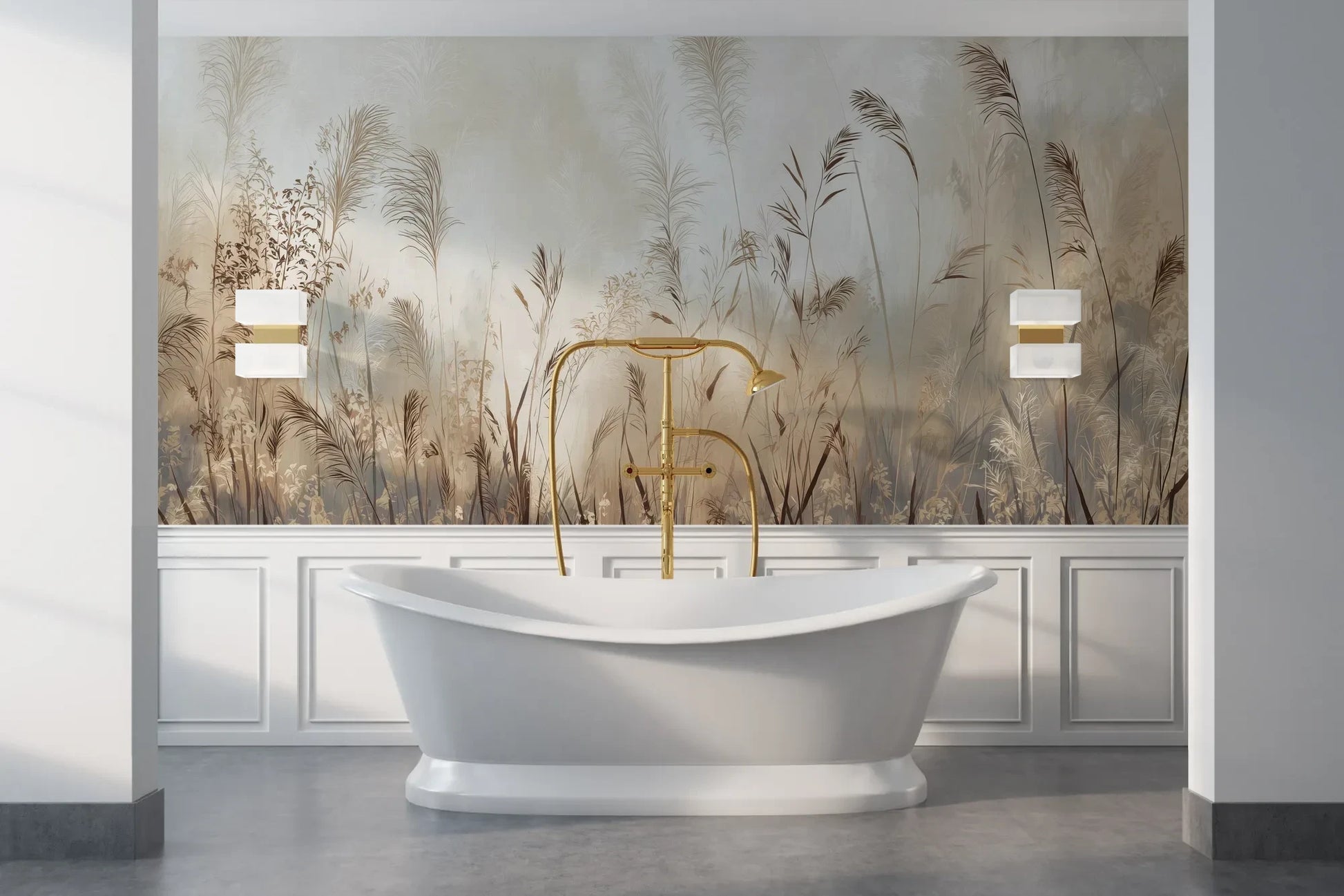 Wzór fototapety TRANQUIL ECHOES - tapeta z mglistymi trawami w sepii pokazanej w aranżacji łazienki.