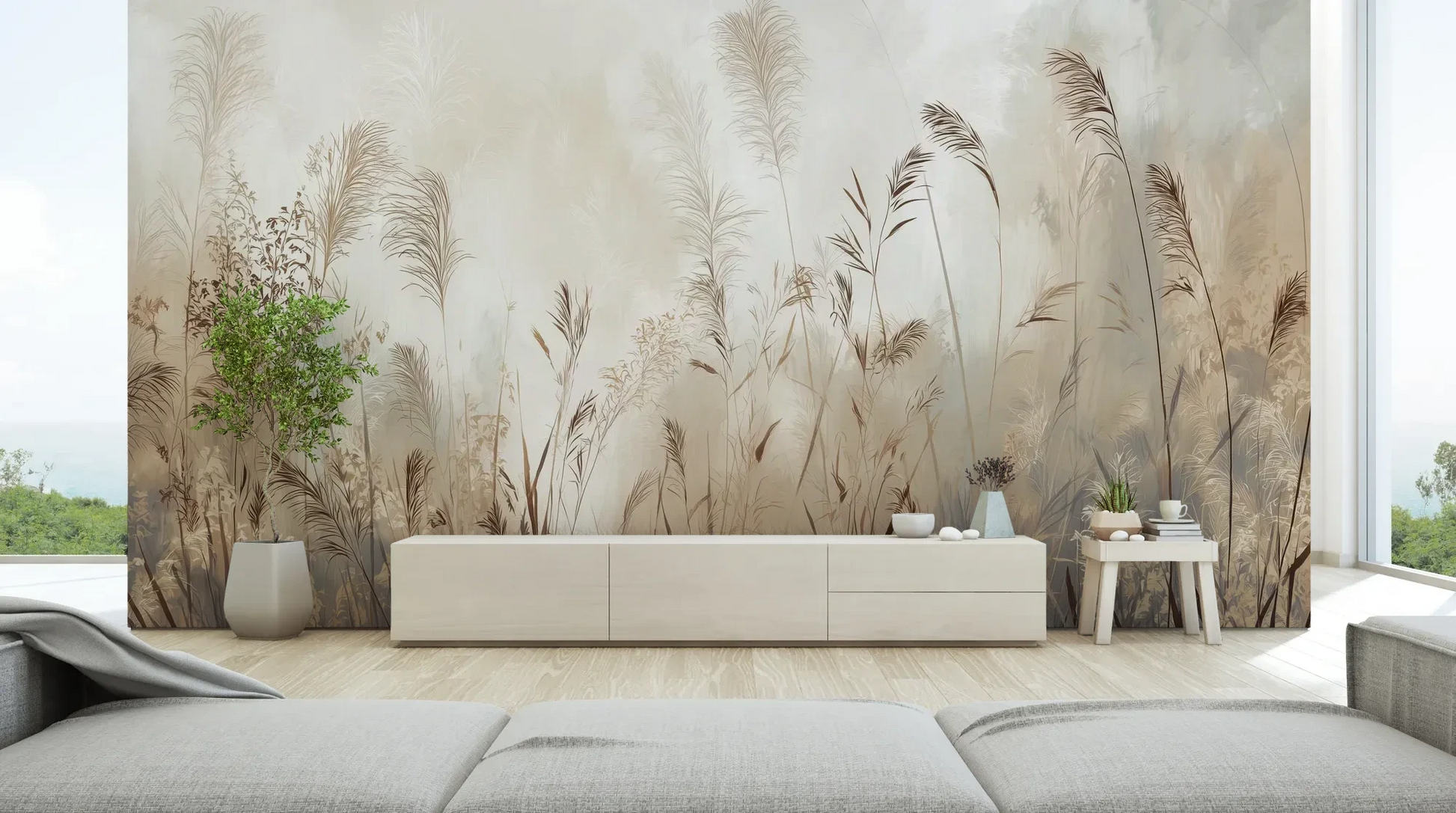 Wzór fototapety TRANQUIL ECHOES - tapeta z mglistymi trawami w sepii pokazanej w aranżacji salonu.