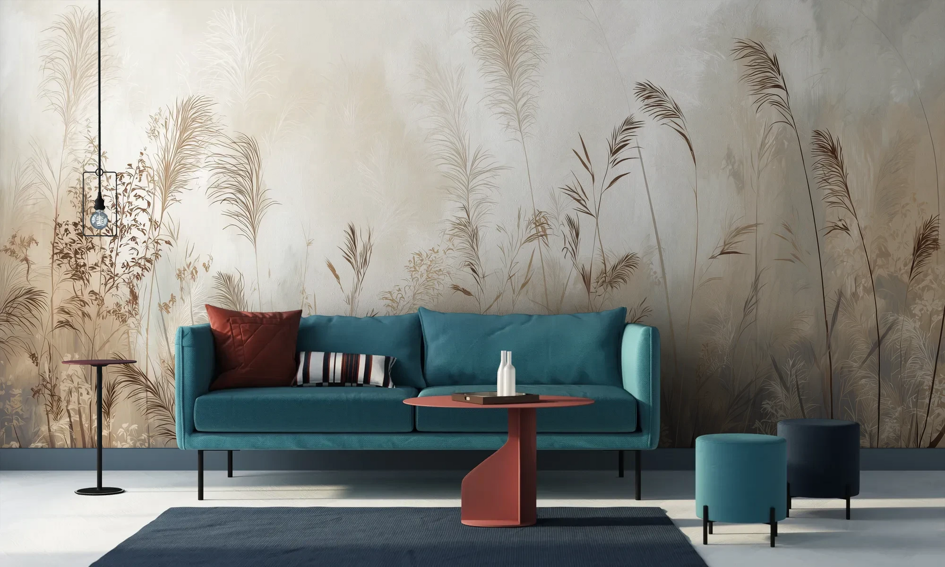 Wzór fototapety TRANQUIL ECHOES - tapeta z mglistymi trawami w sepii pokazanej w aranżacji salonu.