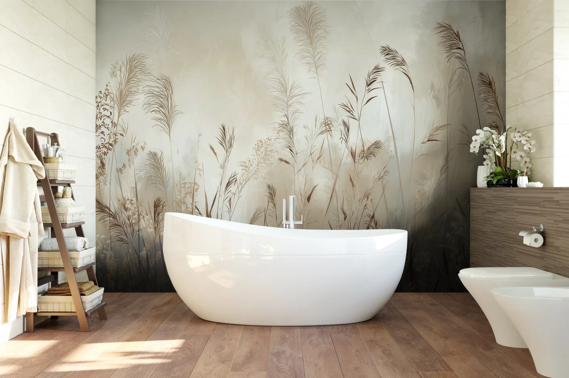 Wzór fototapety TRANQUIL ECHOES - tapeta z mglistymi trawami w sepii pokazanej w aranżacji łazienki.
