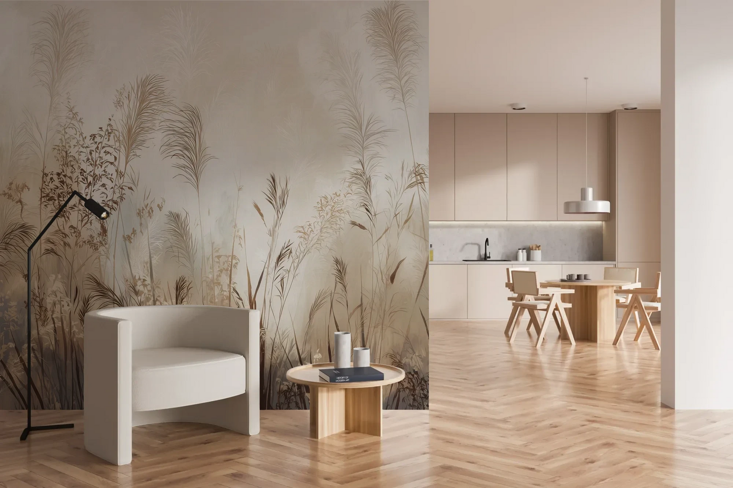 Wzór fototapety TRANQUIL ECHOES - tapeta z mglistymi trawami w sepii pokazanej w aranżacji kuchni.