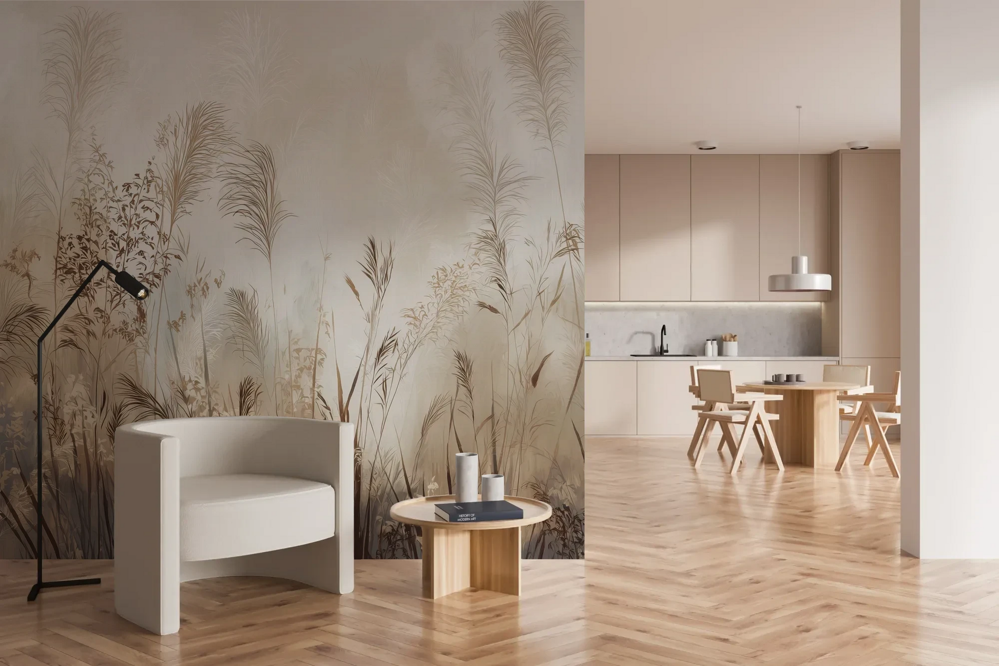 Wzór fototapety TRANQUIL ECHOES - tapeta z mglistymi trawami w sepii pokazanej w aranżacji kuchni.
