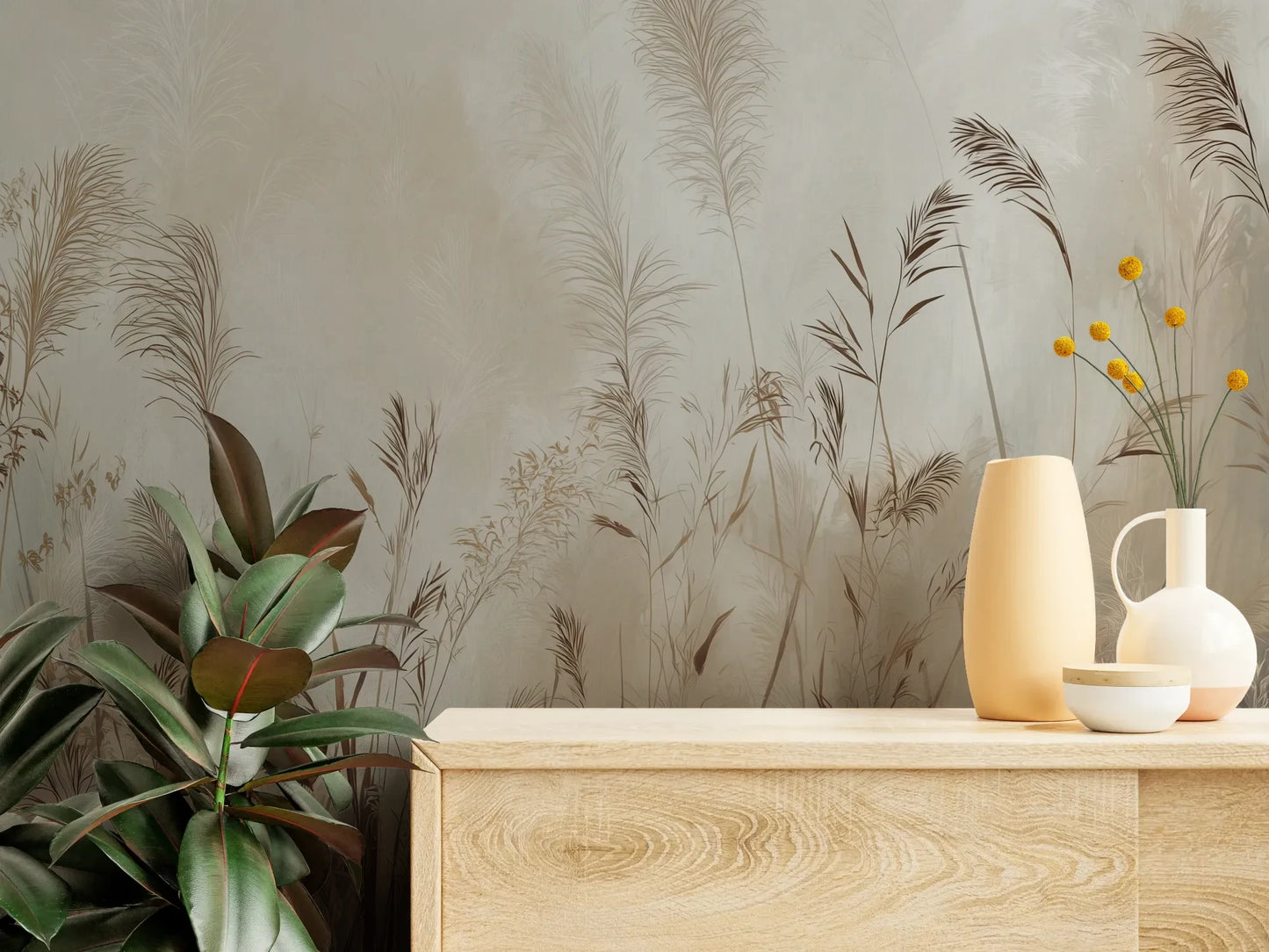 Fototapeta TRANQUIL ECHOES - tapeta z mglistymi trawami w sepii pokazana w aranżacji wnętrza z akcentem na ścianie.
