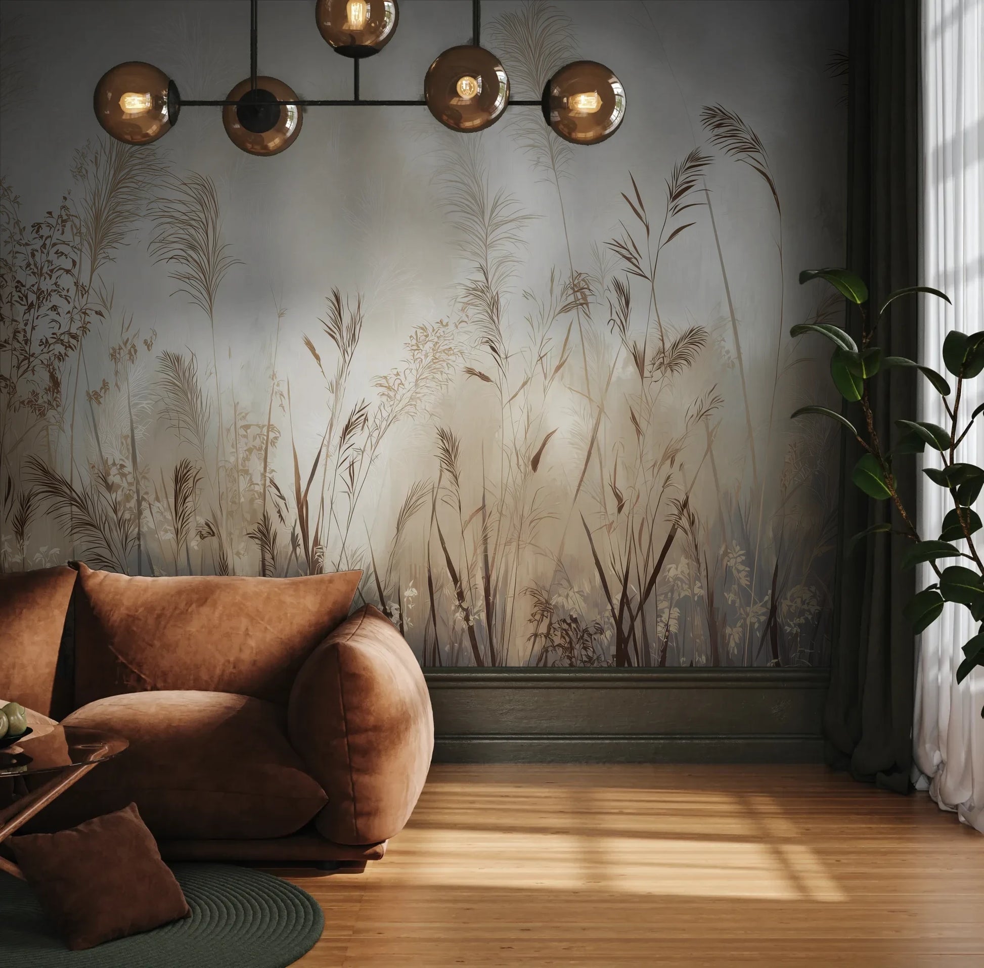 Fototapeta TRANQUIL ECHOES - tapeta z mglistymi trawami w sepii pokazana w aranżacji wnętrza z akcentem na ścianie.