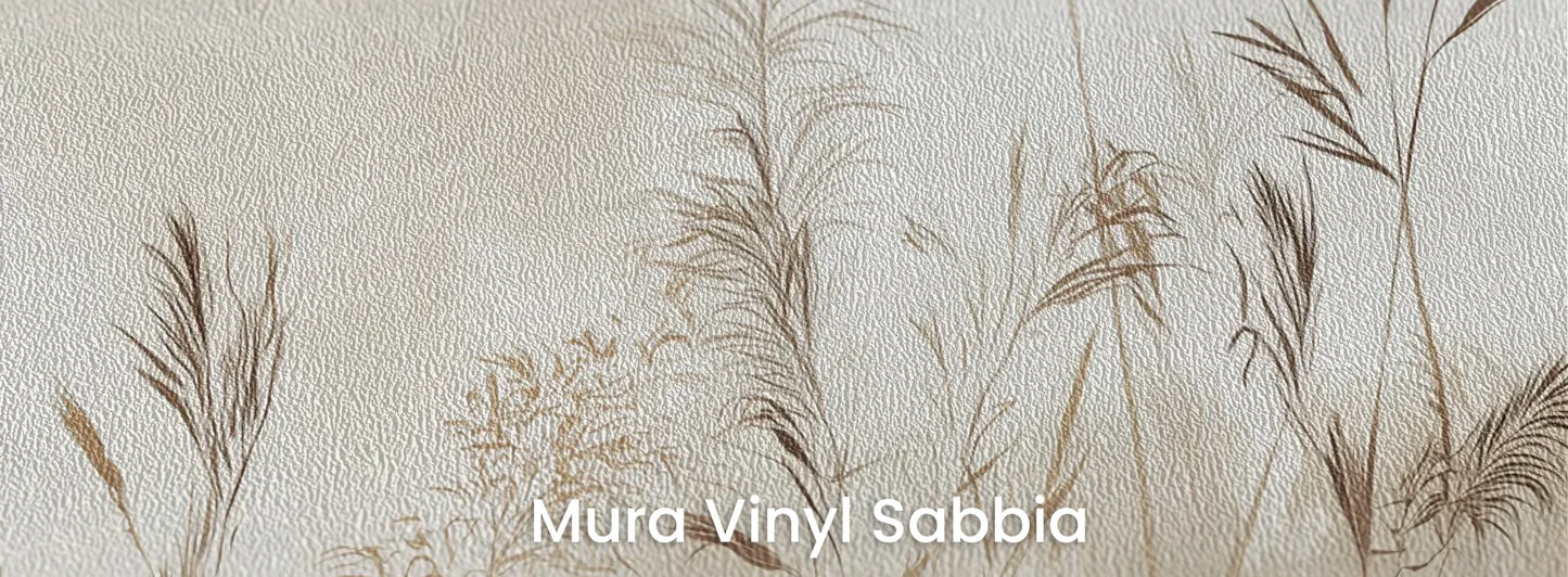 Zbliżenie na fototapetę TRANQUIL ECHOES - tapeta z mglistymi trawami w sepii na podłożu o strukturze ziarna piasku.