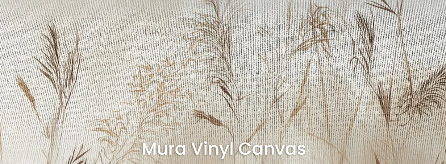 Zbliżenie na fototapetę TRANQUIL ECHOES - tapeta z mglistymi trawami w sepii na podłożu o fakturze płótna.