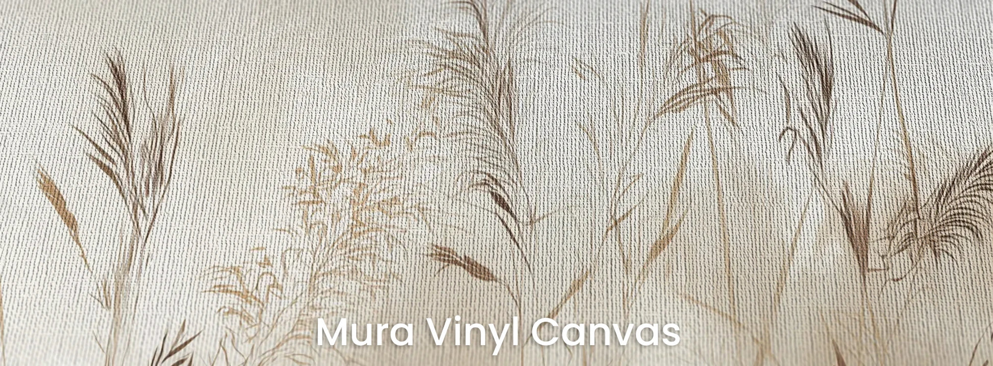 Zbliżenie na fototapetę TRANQUIL ECHOES - tapeta z mglistymi trawami w sepii na podłożu o fakturze płótna.