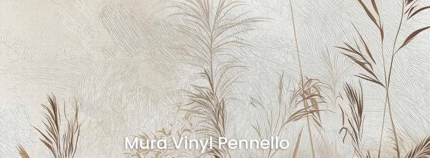 Zbliżenie na fototapetę TRANQUIL ECHOES - tapeta z mglistymi trawami w sepii na podłożu o fakturze pociągnięć pędzla.
