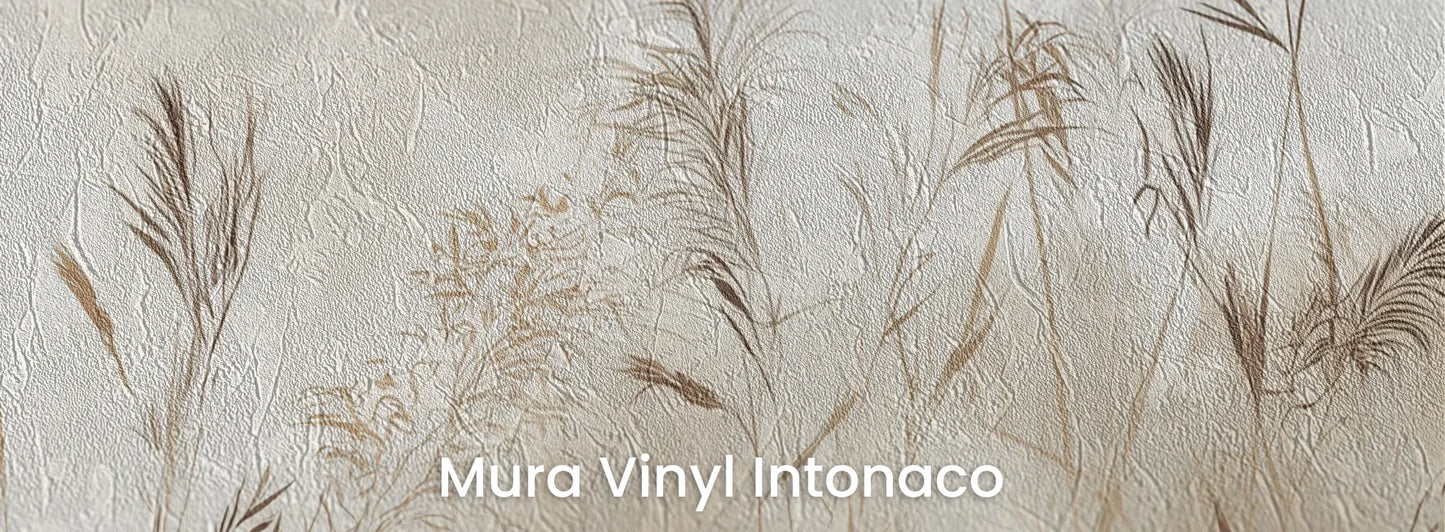 Zbliżenie na fototapetę TRANQUIL ECHOES - tapeta z mglistymi trawami w sepii na podłożu o strukturze tartego tynku.