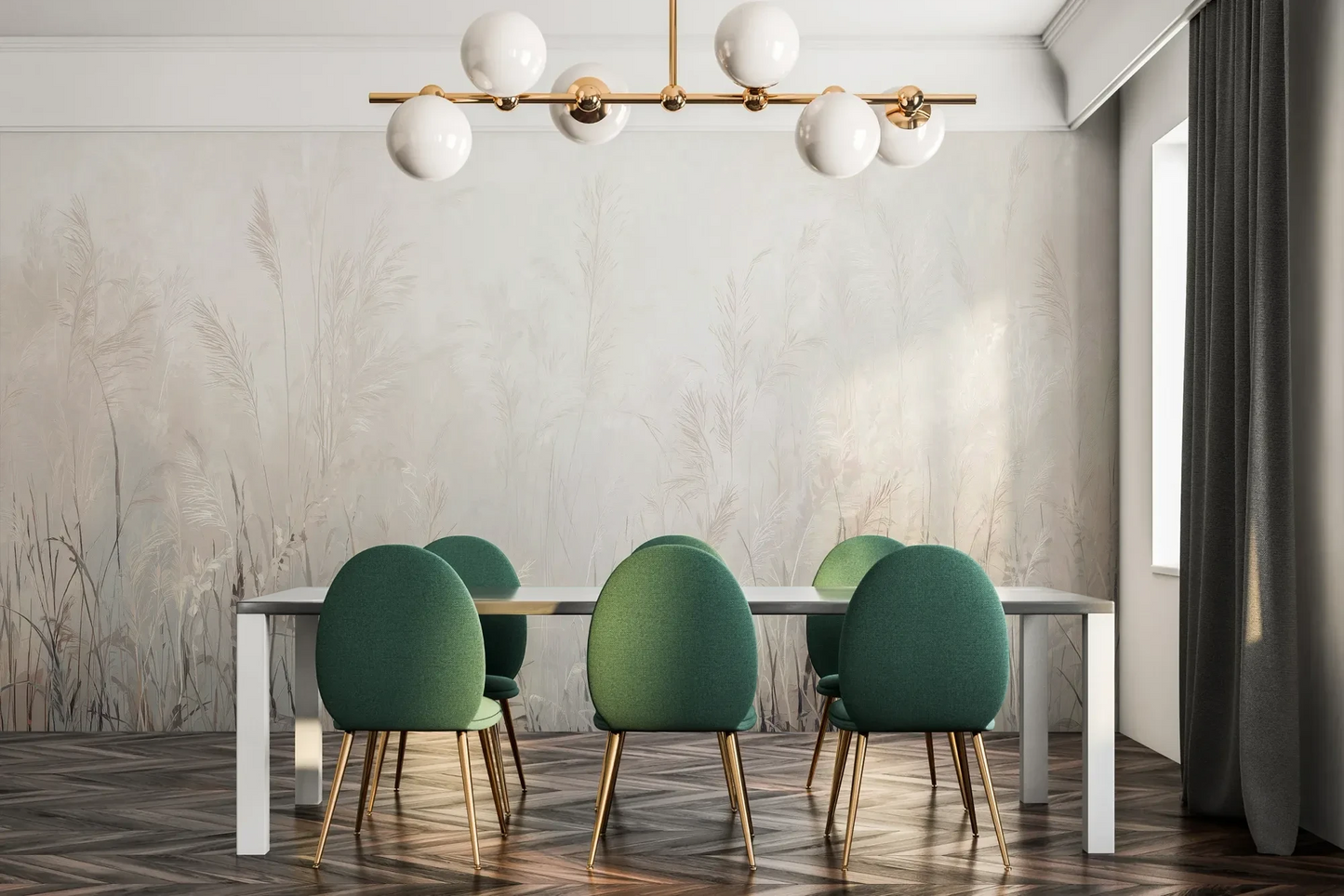 Fototapeta LUMINOUS REEDS - tapeta z mglistymi trawami w jasnej tonacji pokazana w aranżacji jadalni.