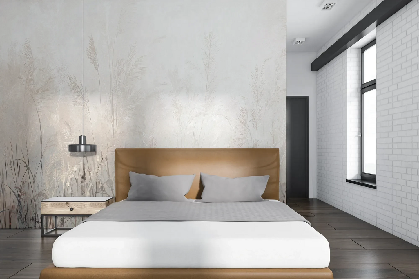 Wzór fototapety LUMINOUS REEDS - tapeta z mglistymi trawami w jasnej tonacji pokazanej w aranżacji sypialni.