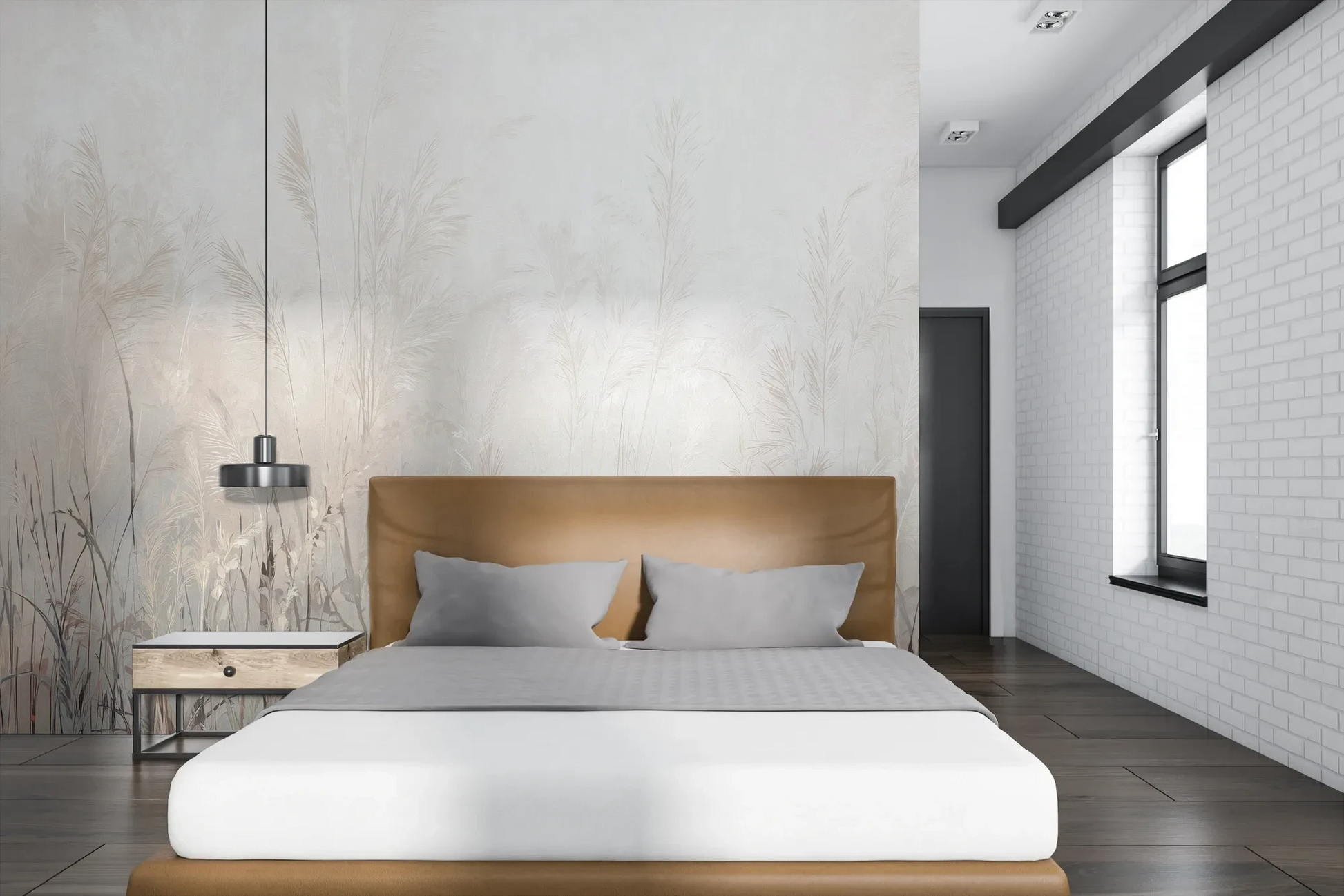 Wzór fototapety LUMINOUS REEDS - tapeta z mglistymi trawami w jasnej tonacji pokazanej w aranżacji sypialni.