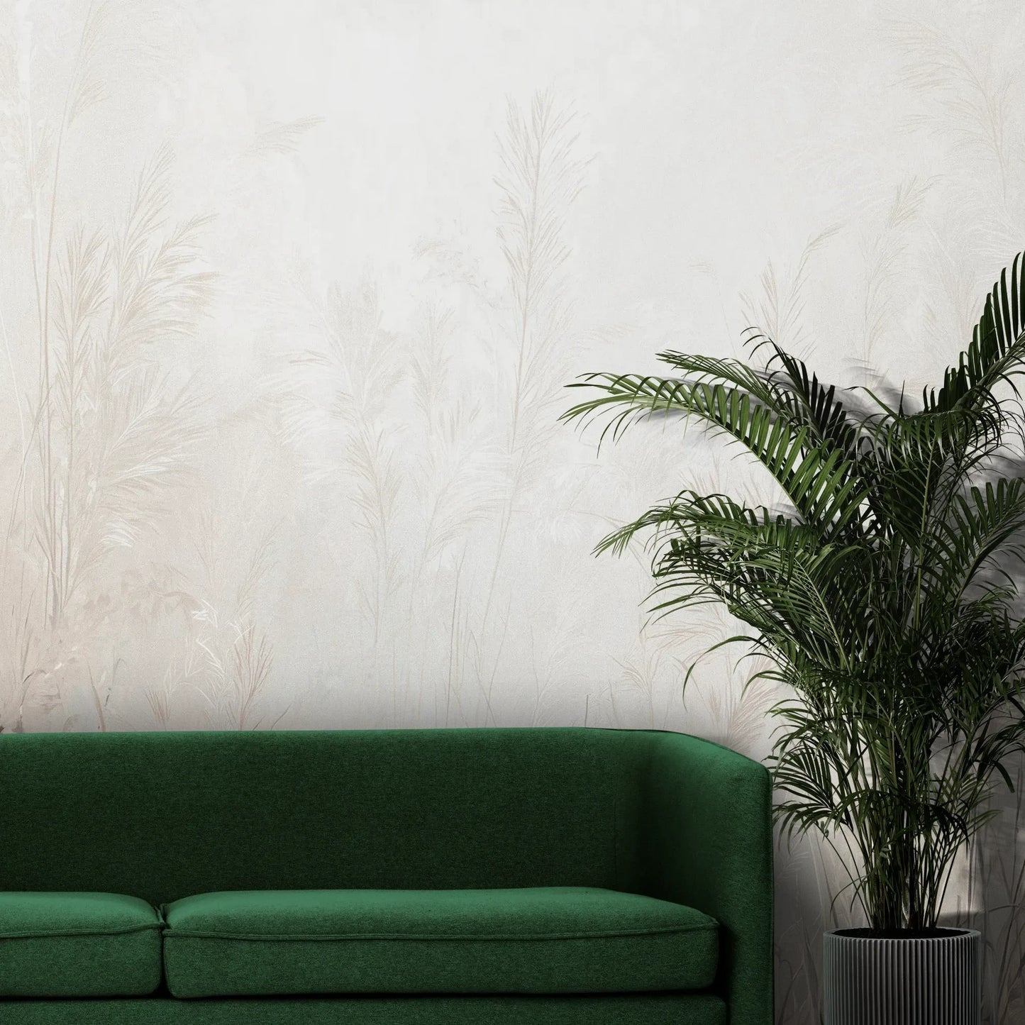 Fototapeta LUMINOUS REEDS - tapeta z mglistymi trawami w jasnej tonacji pokazana w aranżacji wnętrza z akcentem na ścianie.