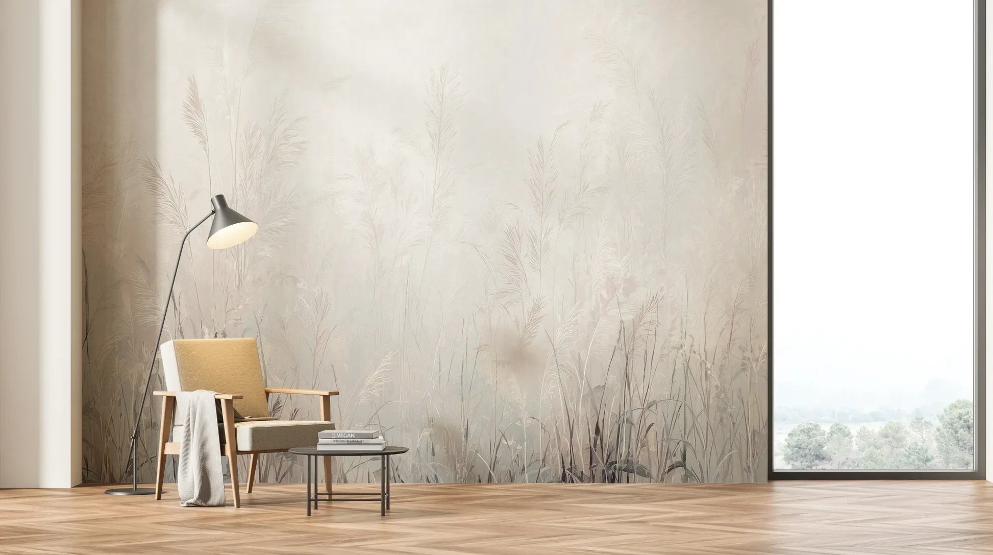 Wzór fototapety LUMINOUS REEDS - tapeta z mglistymi trawami w jasnej tonacji pokazanej w aranżacji salonu.