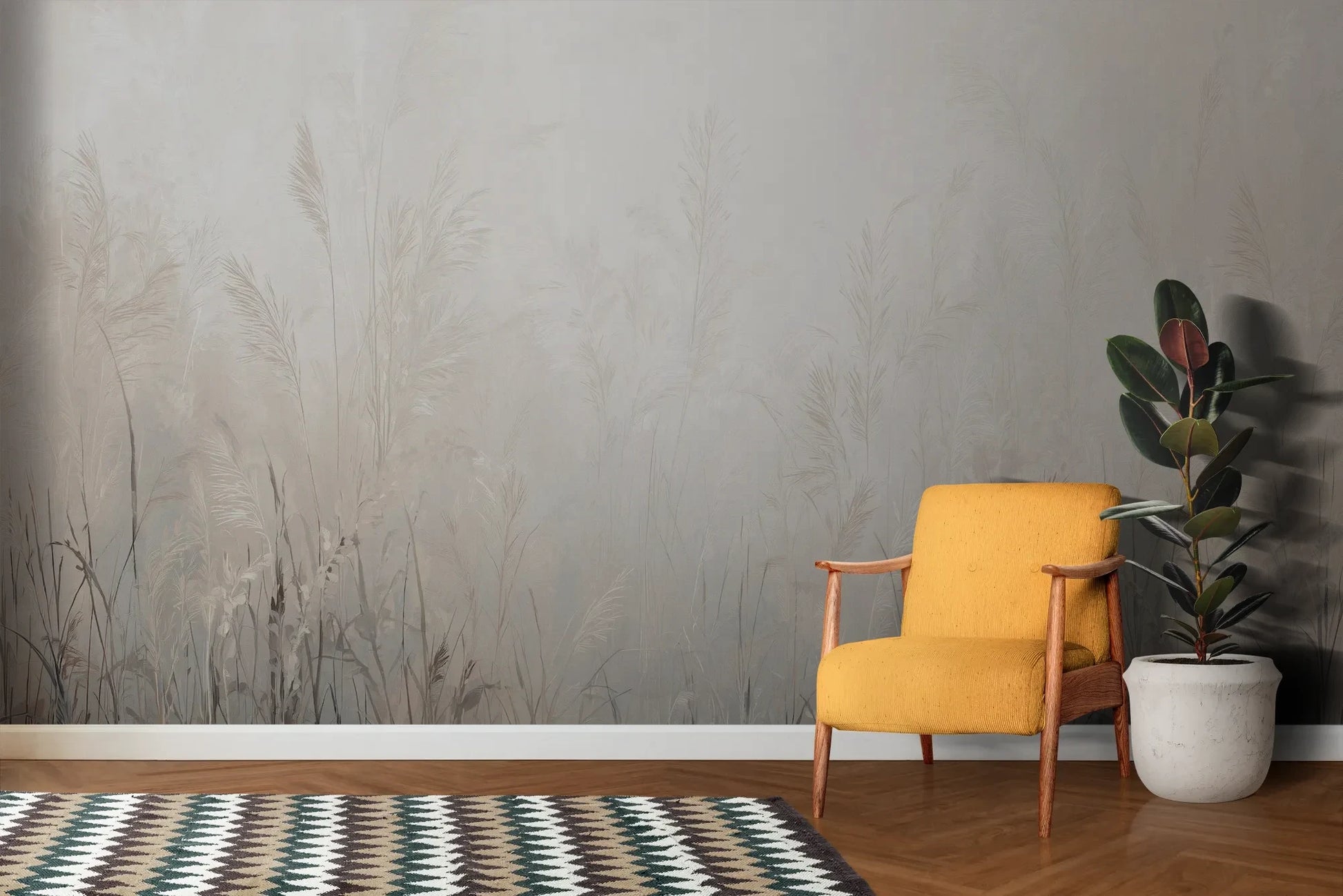 Wzór fototapety LUMINOUS REEDS - tapeta z mglistymi trawami w jasnej tonacji pokazanej w aranżacji salonu.