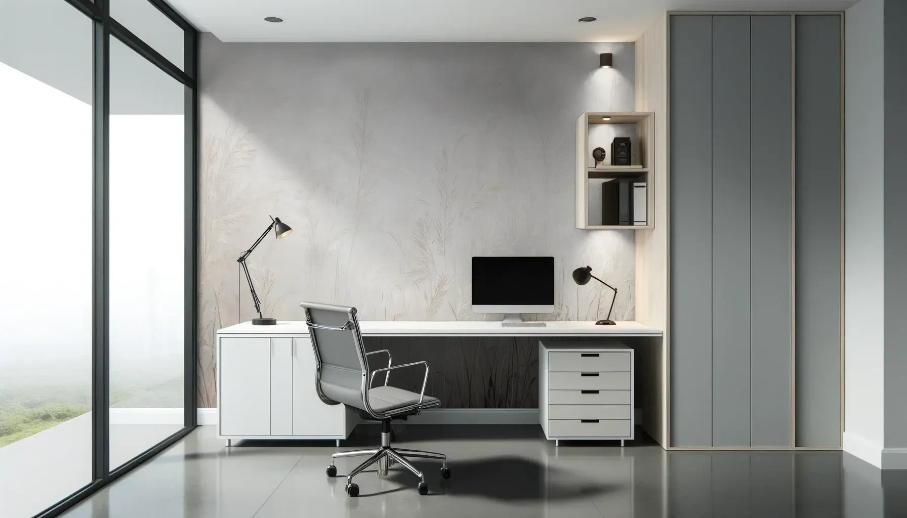 Fototapeta LUMINOUS REEDS - tapeta z mglistymi trawami w jasnej tonacji pokazana w aranżacji biura.