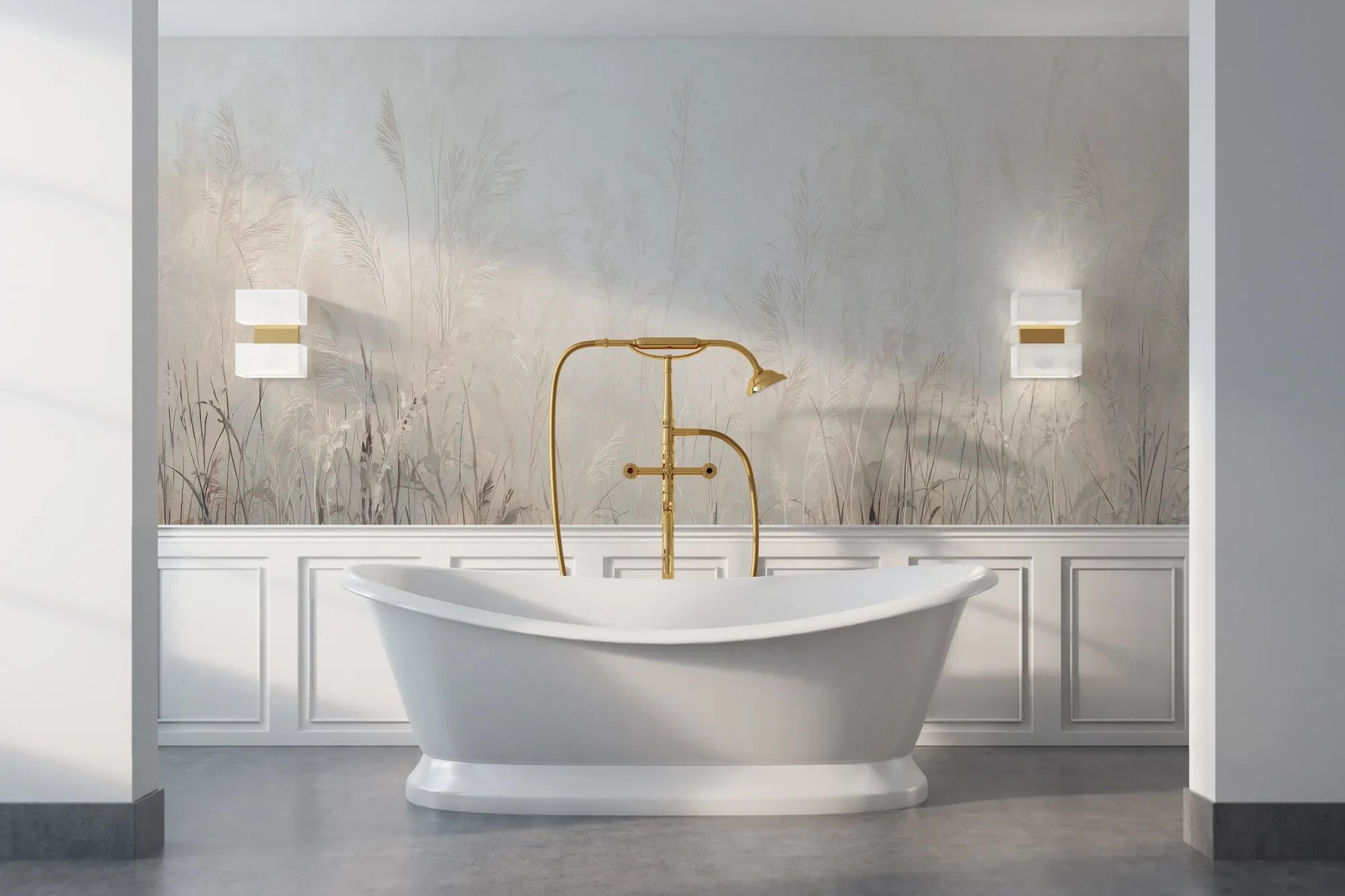 Wzór fototapety LUMINOUS REEDS - tapeta z mglistymi trawami w jasnej tonacji pokazanej w aranżacji łazienki.