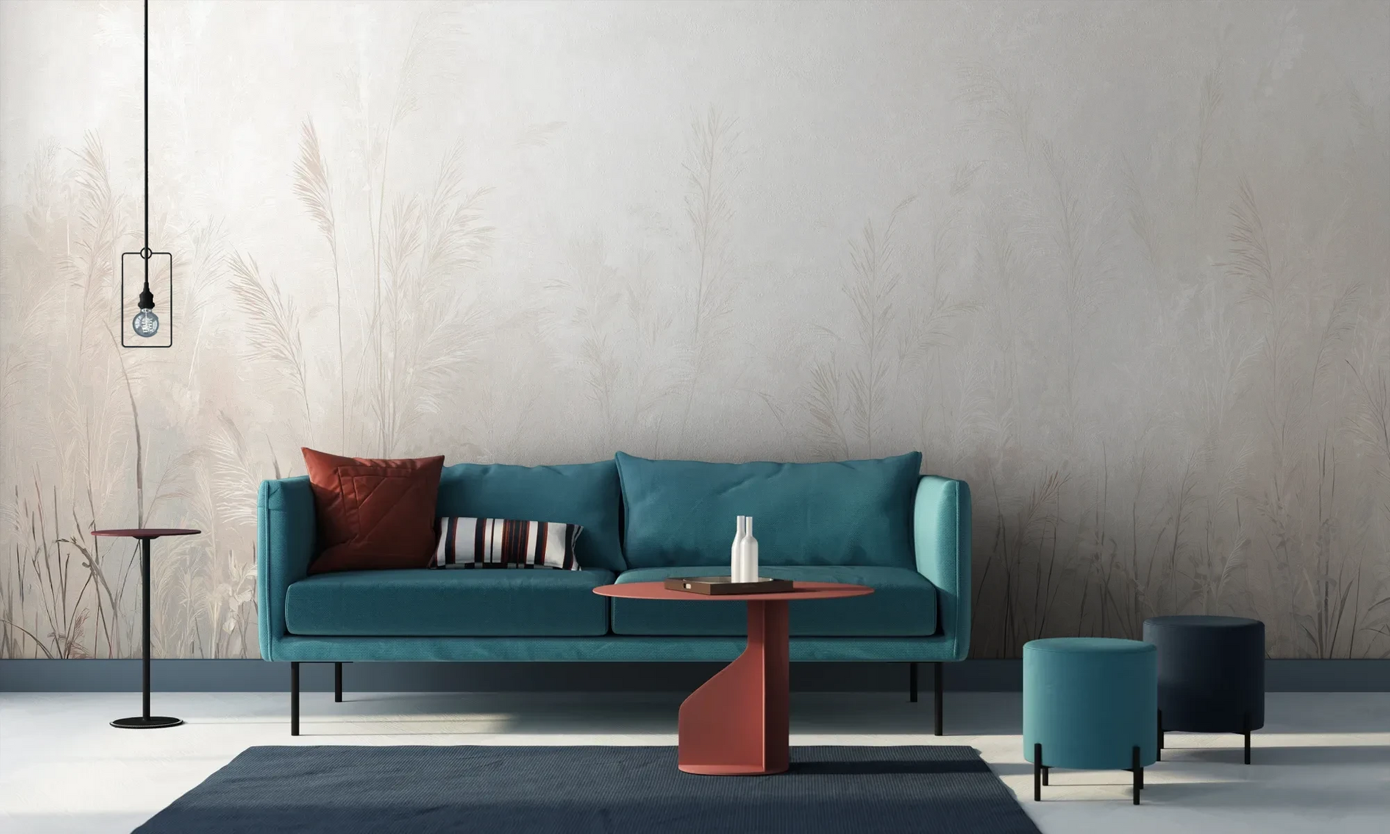 Wzór fototapety LUMINOUS REEDS - tapeta z mglistymi trawami w jasnej tonacji pokazanej w aranżacji salonu.