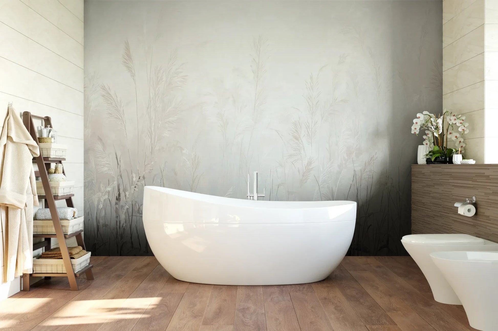 Wzór fototapety LUMINOUS REEDS - tapeta z mglistymi trawami w jasnej tonacji pokazanej w aranżacji łazienki.