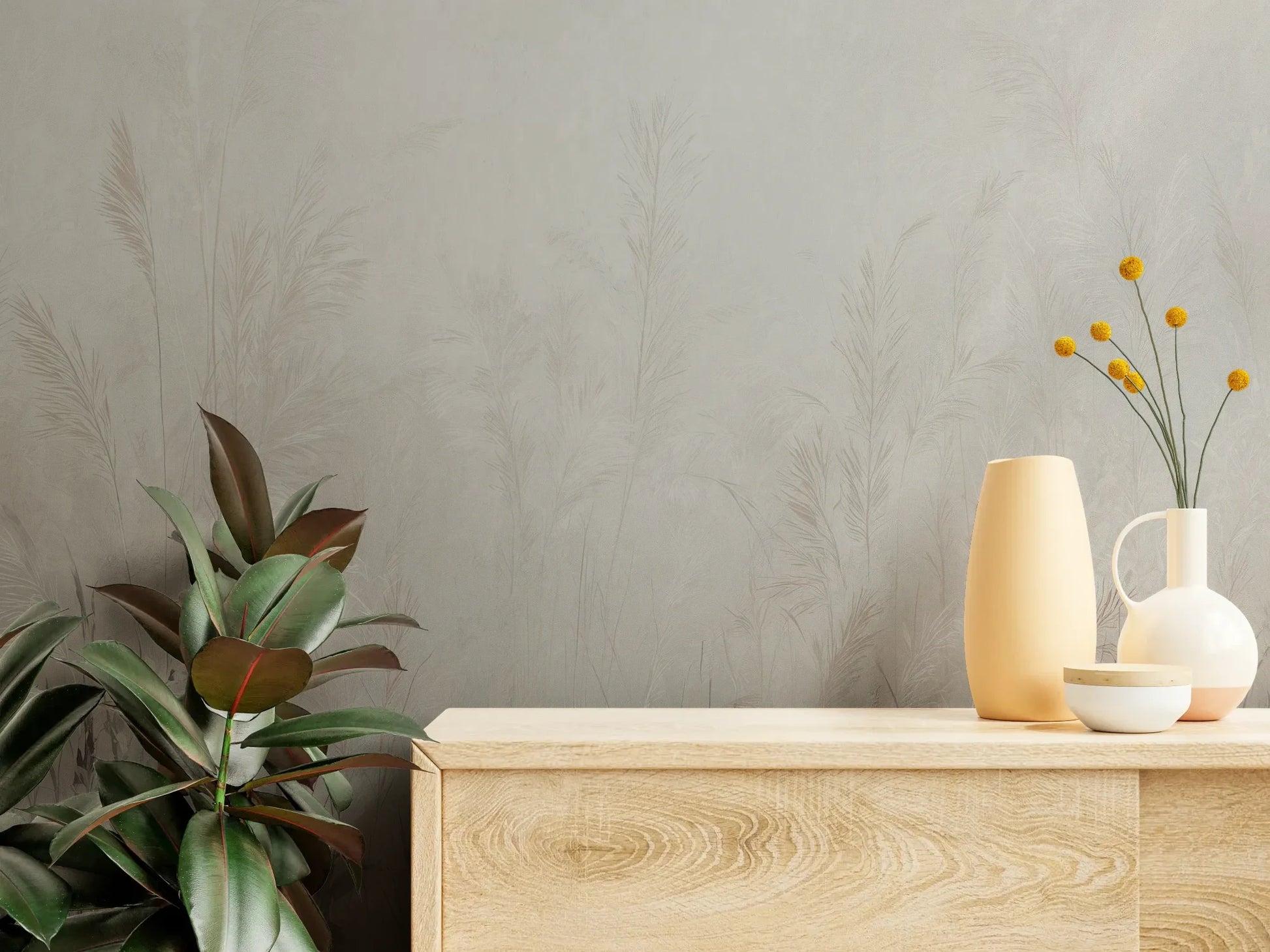 Fototapeta LUMINOUS REEDS - tapeta z mglistymi trawami w jasnej tonacji pokazana w aranżacji wnętrza z akcentem na ścianie.
