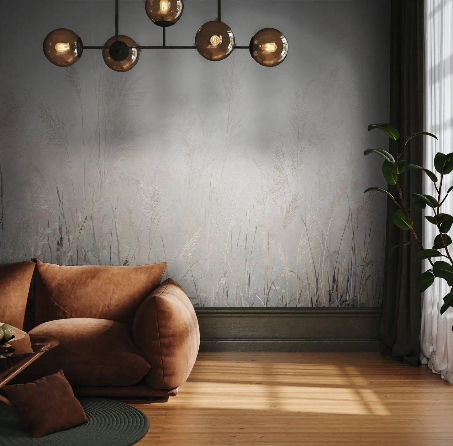 Fototapeta LUMINOUS REEDS - tapeta z mglistymi trawami w jasnej tonacji pokazana w aranżacji wnętrza z akcentem na ścianie.