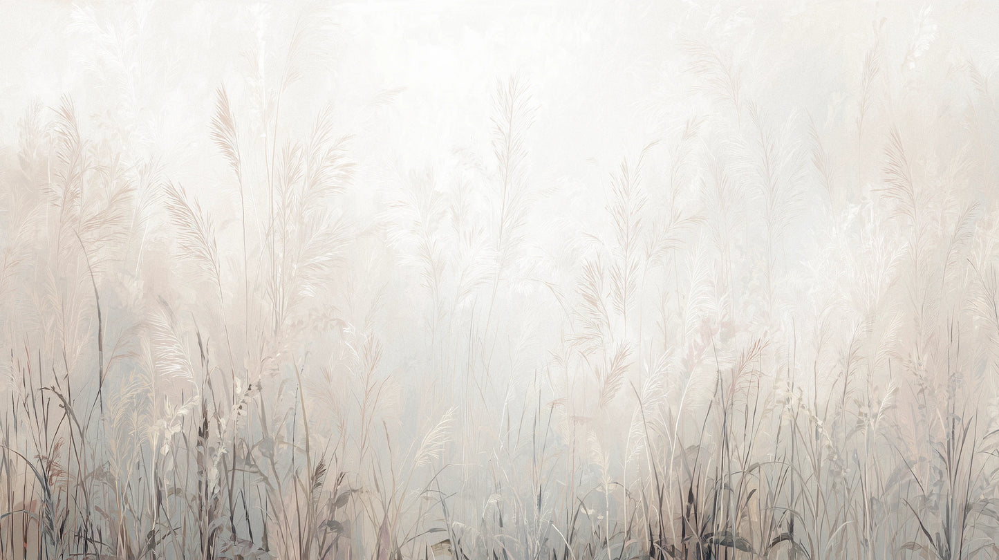 Prezentacja całego wzoru fototapety o nazwie LUMINOUS REEDS - tapeta z mglistymi trawami w jasnej tonacji