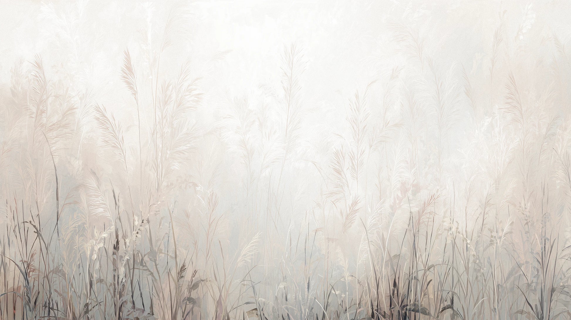 Prezentacja całego wzoru fototapety o nazwie LUMINOUS REEDS - tapeta z mglistymi trawami w jasnej tonacji