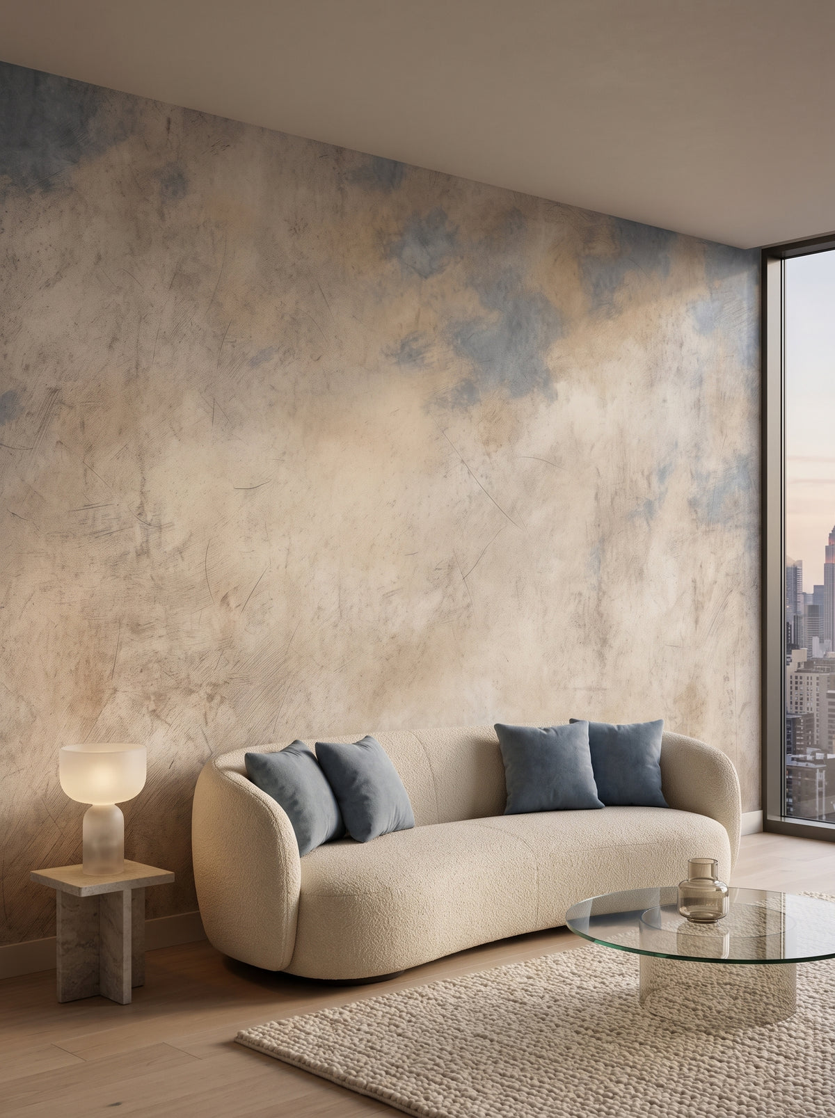 Fototapeta artystyczna o nazwie ETHEREAL SKY DANCE w aranżacji wnętrza: penthouse na Manhattanie o zmierzchu.