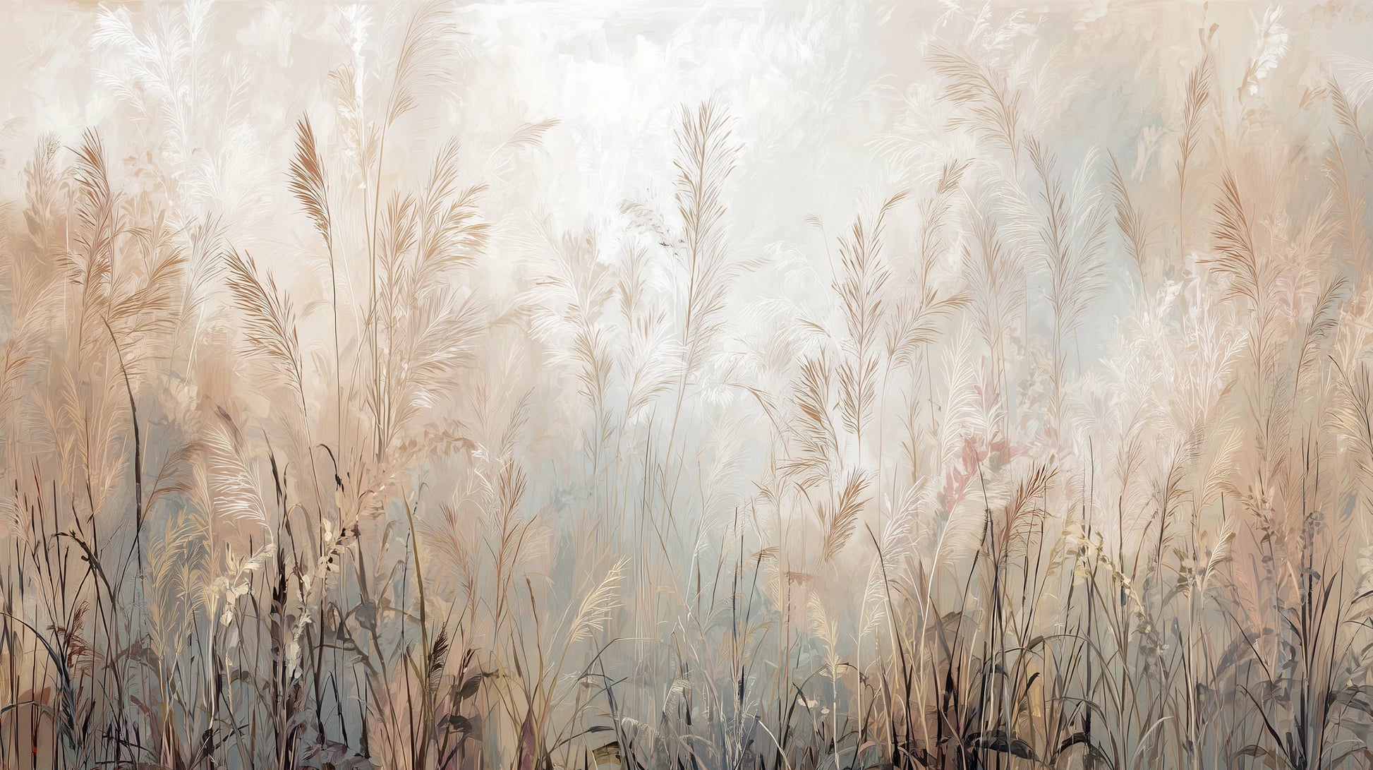 Prezentacja całego wzoru fototapety o nazwie FEATHERED SOLACE - tapeta z mglistymi trawami w jasnej tonacji