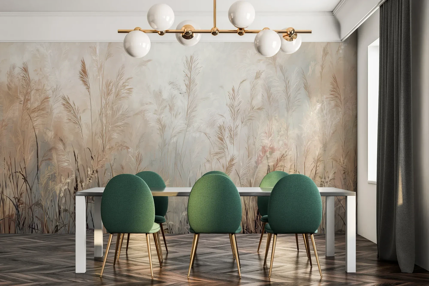 Fototapeta FEATHERED SOLACE - tapeta z mglistymi trawami w jasnej tonacji pokazana w aranżacji jadalni.
