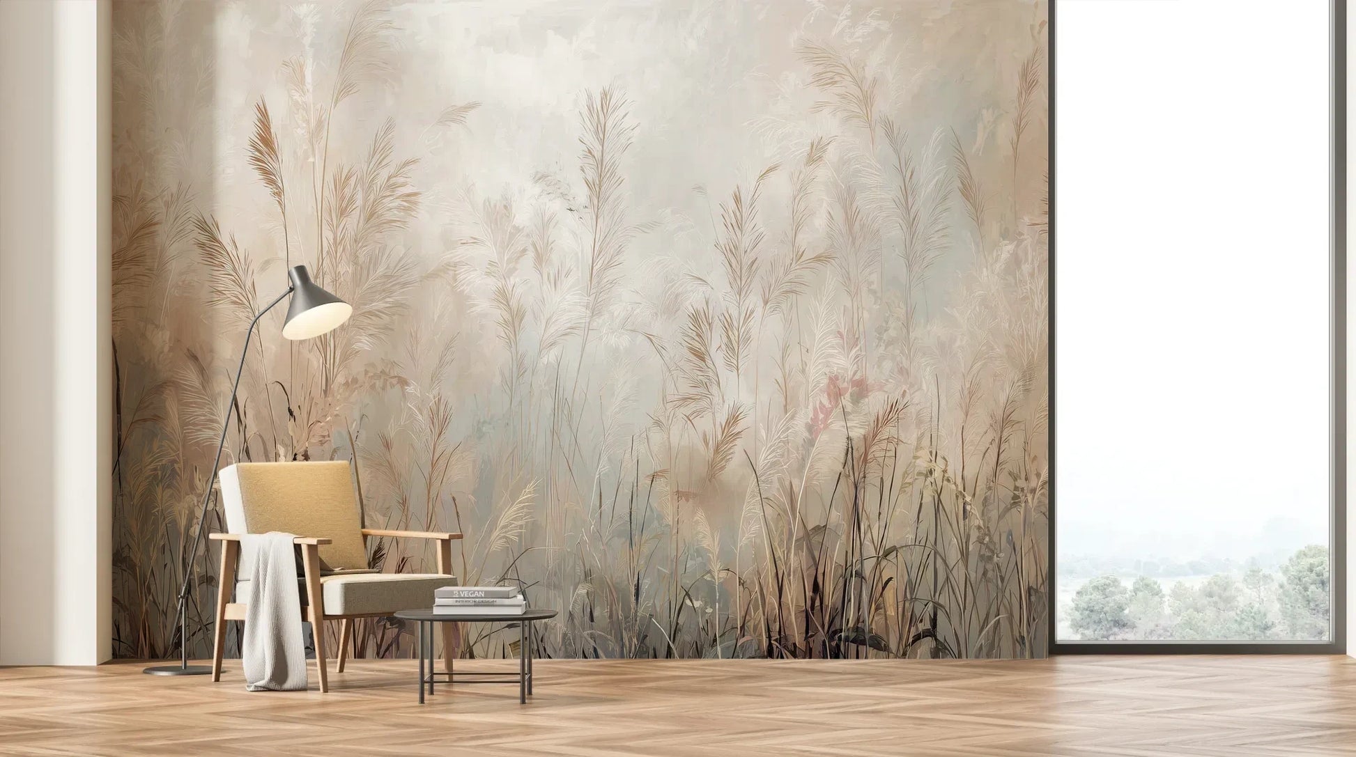 Wzór fototapety FEATHERED SOLACE - tapeta z mglistymi trawami w jasnej tonacji pokazanej w aranżacji salonu.