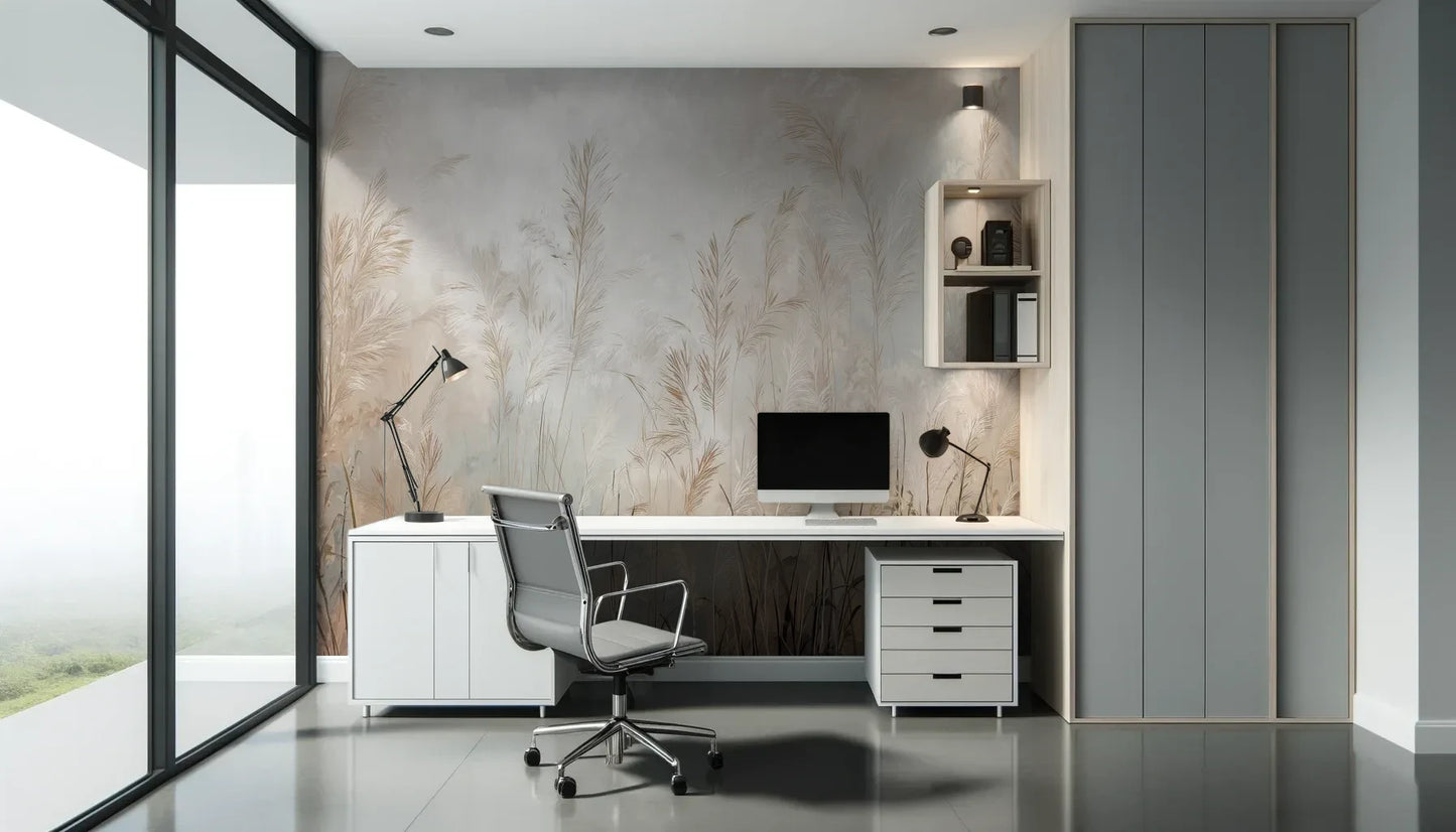 Fototapeta FEATHERED SOLACE - tapeta z mglistymi trawami w jasnej tonacji pokazana w aranżacji biura.
