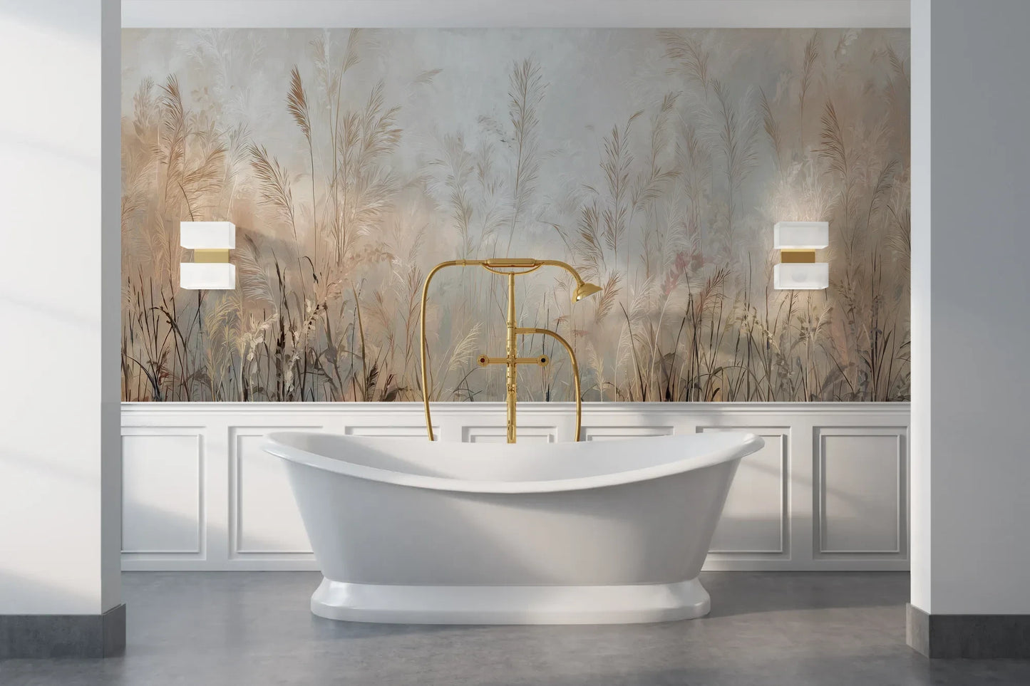 Wzór fototapety FEATHERED SOLACE - tapeta z mglistymi trawami w jasnej tonacji pokazanej w aranżacji łazienki.