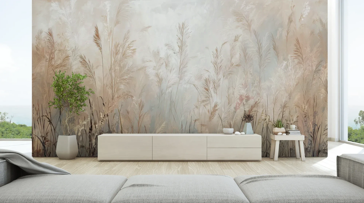 Wzór fototapety FEATHERED SOLACE - tapeta z mglistymi trawami w jasnej tonacji pokazanej w aranżacji salonu.