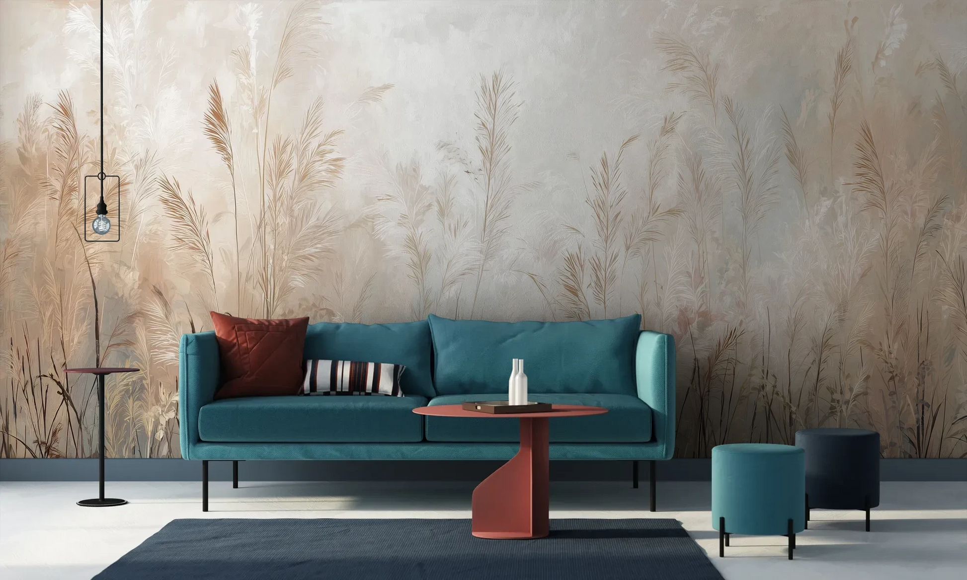 Wzór fototapety FEATHERED SOLACE - tapeta z mglistymi trawami w jasnej tonacji pokazanej w aranżacji salonu.