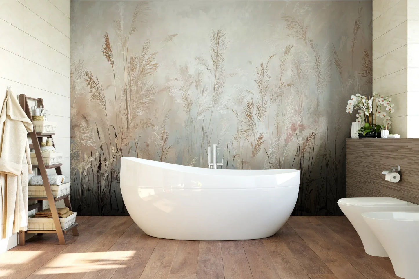 Wzór fototapety FEATHERED SOLACE - tapeta z mglistymi trawami w jasnej tonacji pokazanej w aranżacji łazienki.