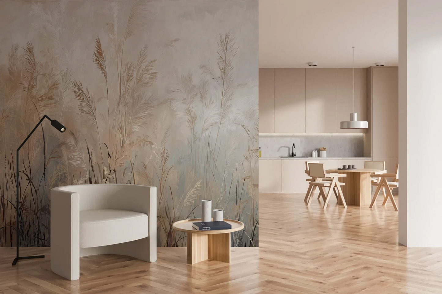 Wzór fototapety FEATHERED SOLACE - tapeta z mglistymi trawami w jasnej tonacji pokazanej w aranżacji kuchni.