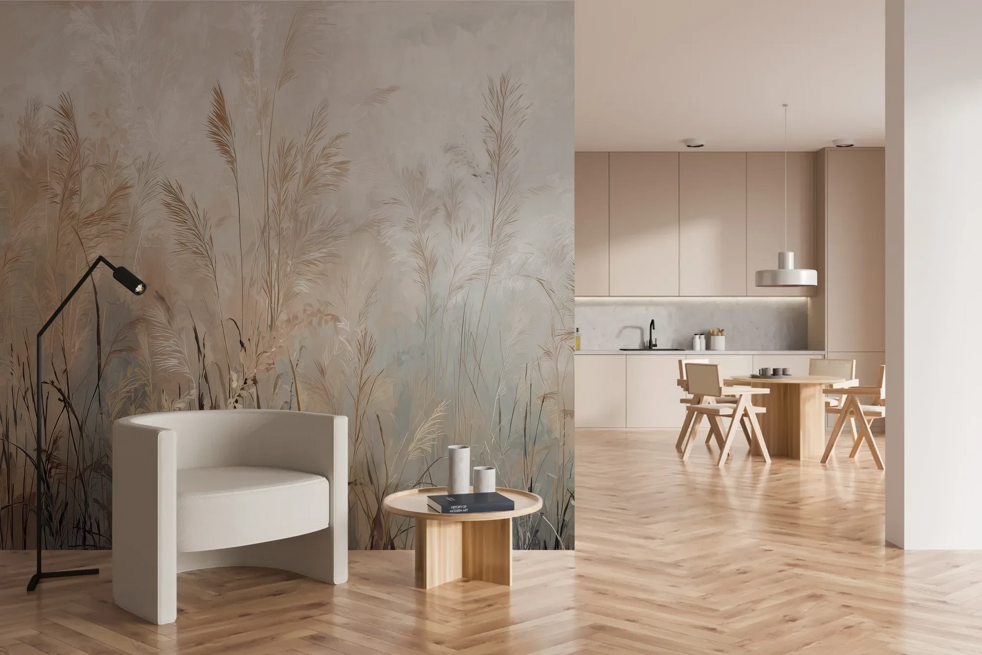 Wzór fototapety FEATHERED SOLACE - tapeta z mglistymi trawami w jasnej tonacji pokazanej w aranżacji kuchni.