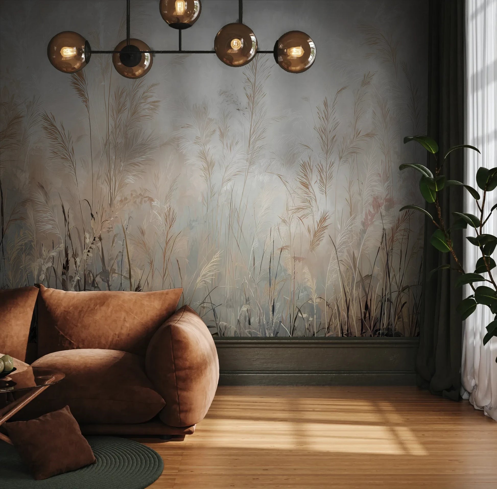 Fototapeta FEATHERED SOLACE - tapeta z mglistymi trawami w jasnej tonacji pokazana w aranżacji wnętrza z akcentem na ścianie.