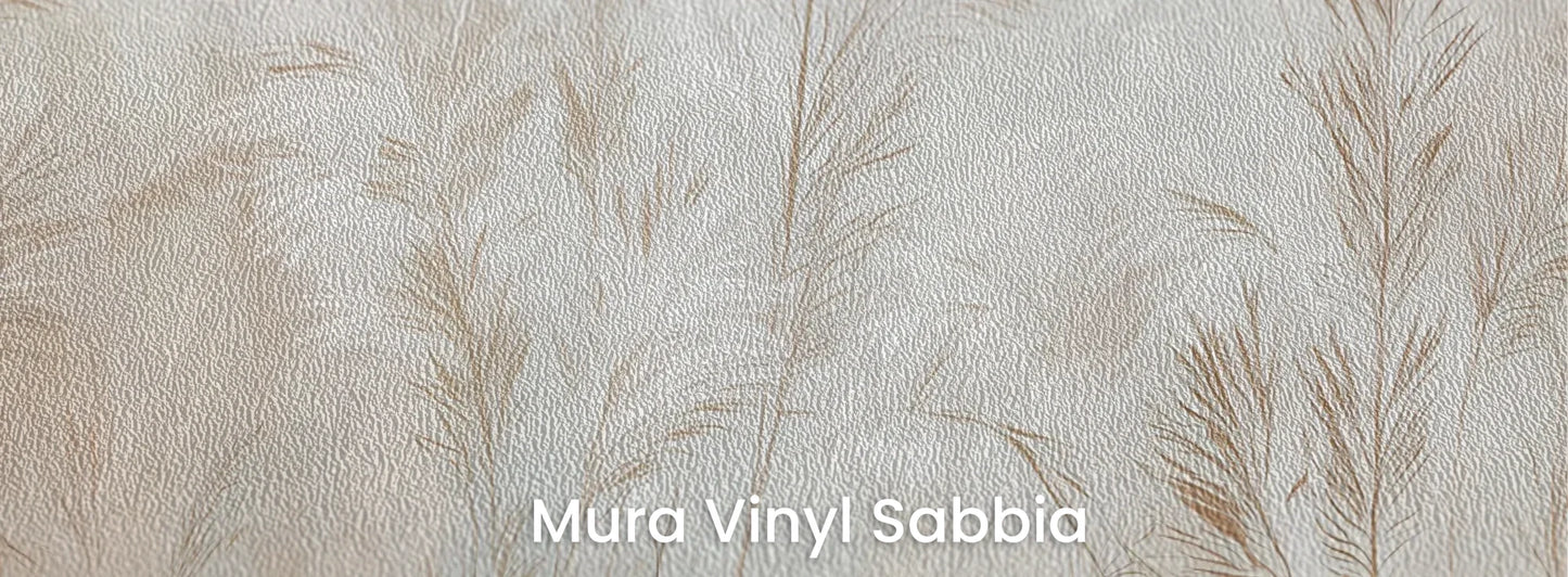 Zbliżenie na fototapetę FEATHERED SOLACE - tapeta z mglistymi trawami w jasnej tonacji na podłożu o strukturze ziarna piasku.