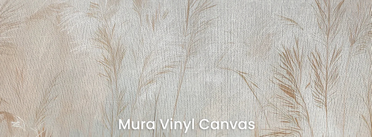 Zbliżenie na fototapetę FEATHERED SOLACE - tapeta z mglistymi trawami w jasnej tonacji na podłożu o fakturze płótna.