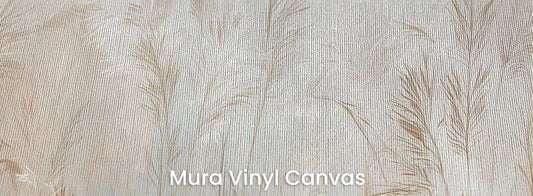 Zbliżenie na fototapetę FEATHERED SOLACE - tapeta z mglistymi trawami w jasnej tonacji na podłożu o fakturze płótna.