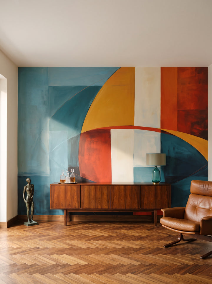 Fototapeta artystyczna o nazwie Curved Elegance #2 w aranżacji wnętrza: salon kolekcjonera w stylu mid-century.