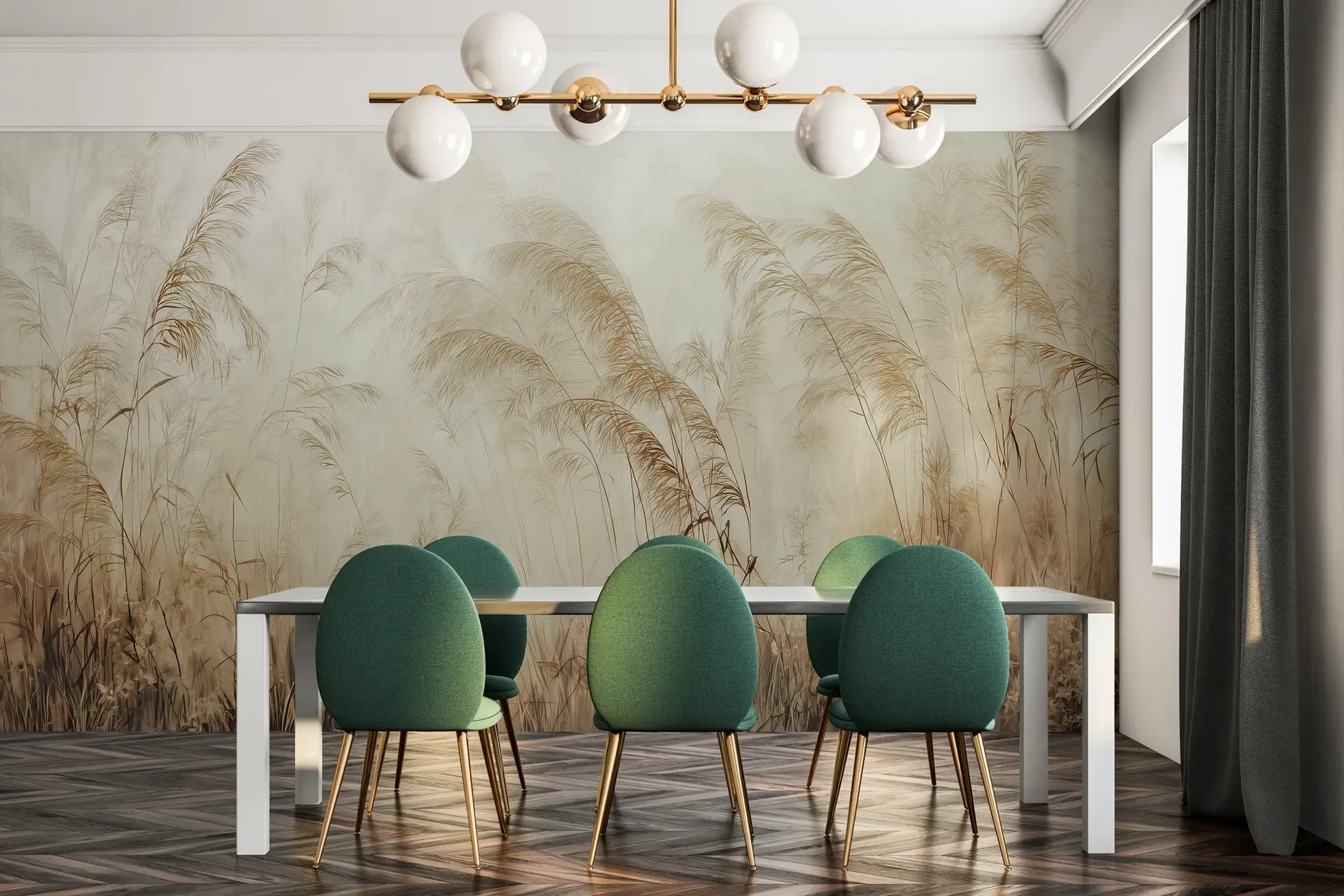 Fototapeta SERENITY FIELDS - tapeta z mglistymi trawami o świcie pokazana w aranżacji jadalni.