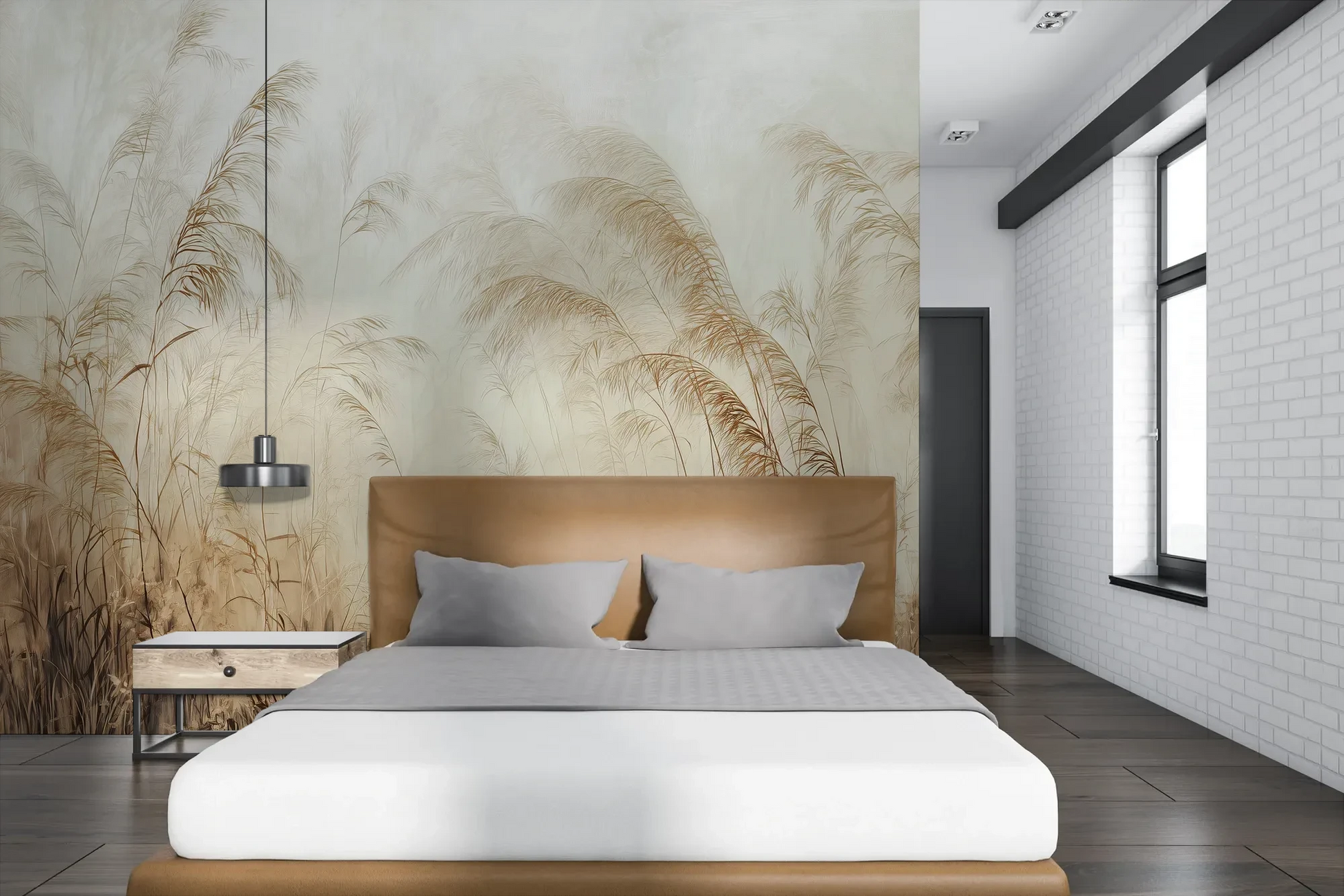 Wzór fototapety SERENITY FIELDS - tapeta z mglistymi trawami o świcie pokazanej w aranżacji sypialni.