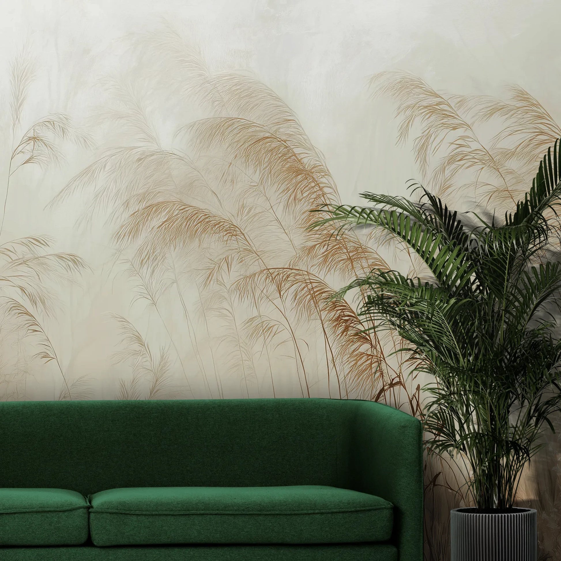 Fototapeta SERENITY FIELDS - tapeta z mglistymi trawami o świcie pokazana w aranżacji wnętrza z akcentem na ścianie.