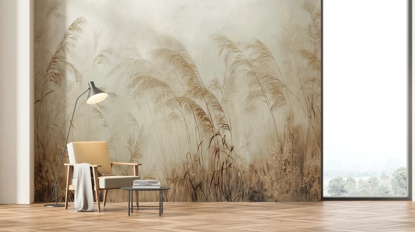Wzór fototapety SERENITY FIELDS - tapeta z mglistymi trawami o świcie pokazanej w aranżacji salonu.