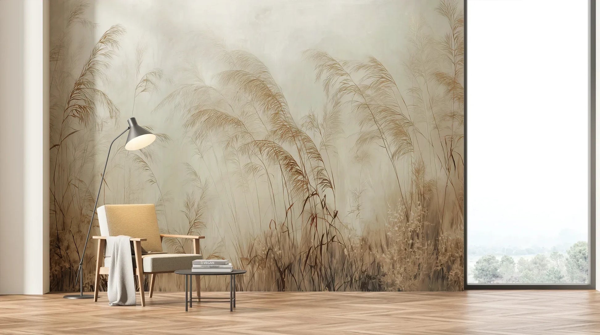 Wzór fototapety SERENITY FIELDS - tapeta z mglistymi trawami o świcie pokazanej w aranżacji salonu.