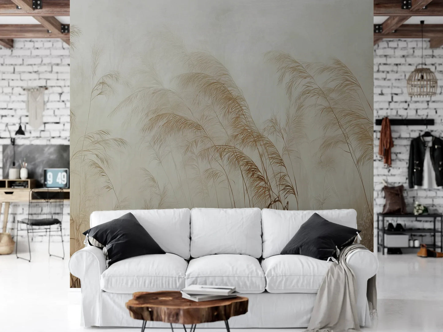 Wzór fototapety SERENITY FIELDS - tapeta z mglistymi trawami o świcie pokazanej w aranżacji salonu.